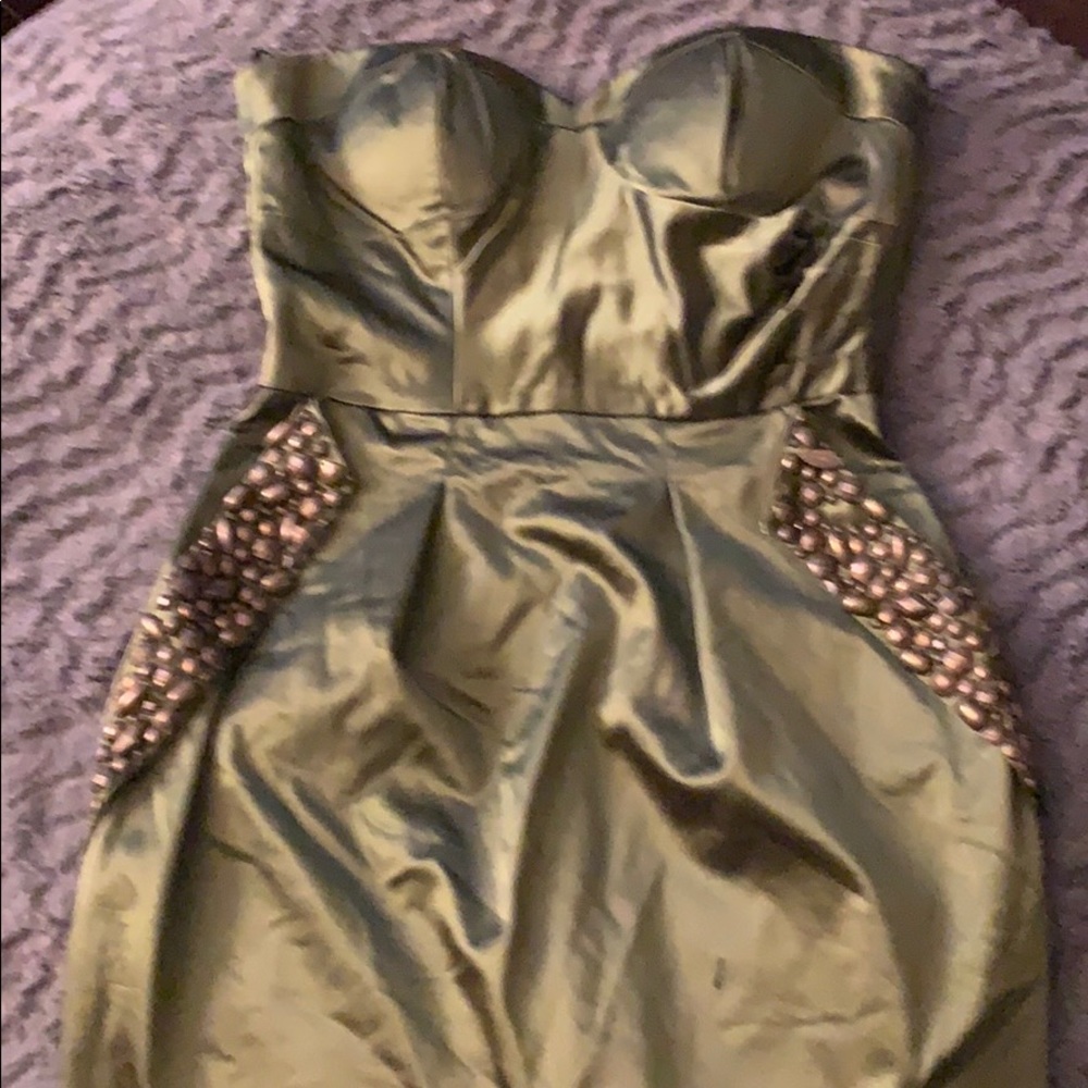 Bebe green silk strapless dress M